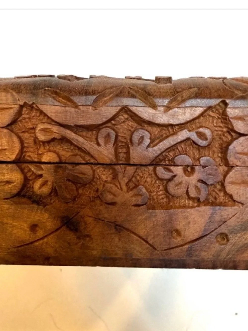 Hand-Carved Wooden Box with Celtic Knot and Floral Design - Brown